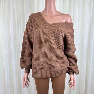 Women's Zenana V-Neck Off The Shoulder Waffle Knit Sweater Camel Brown